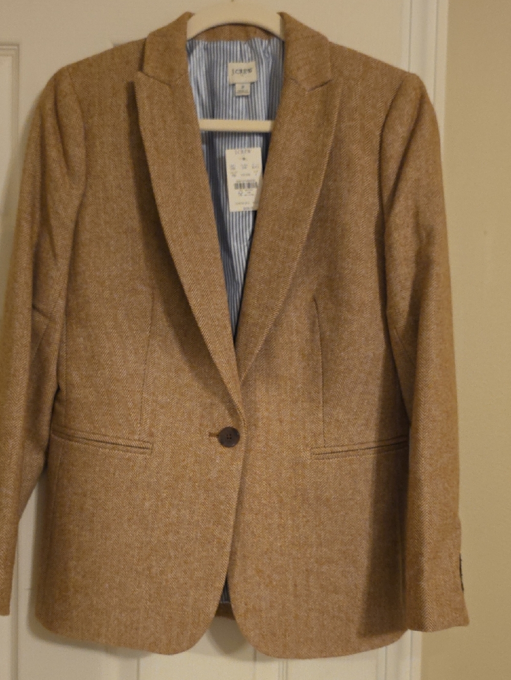 J. Crew Tan Herringbone Blazer with Blue-Striped Lining